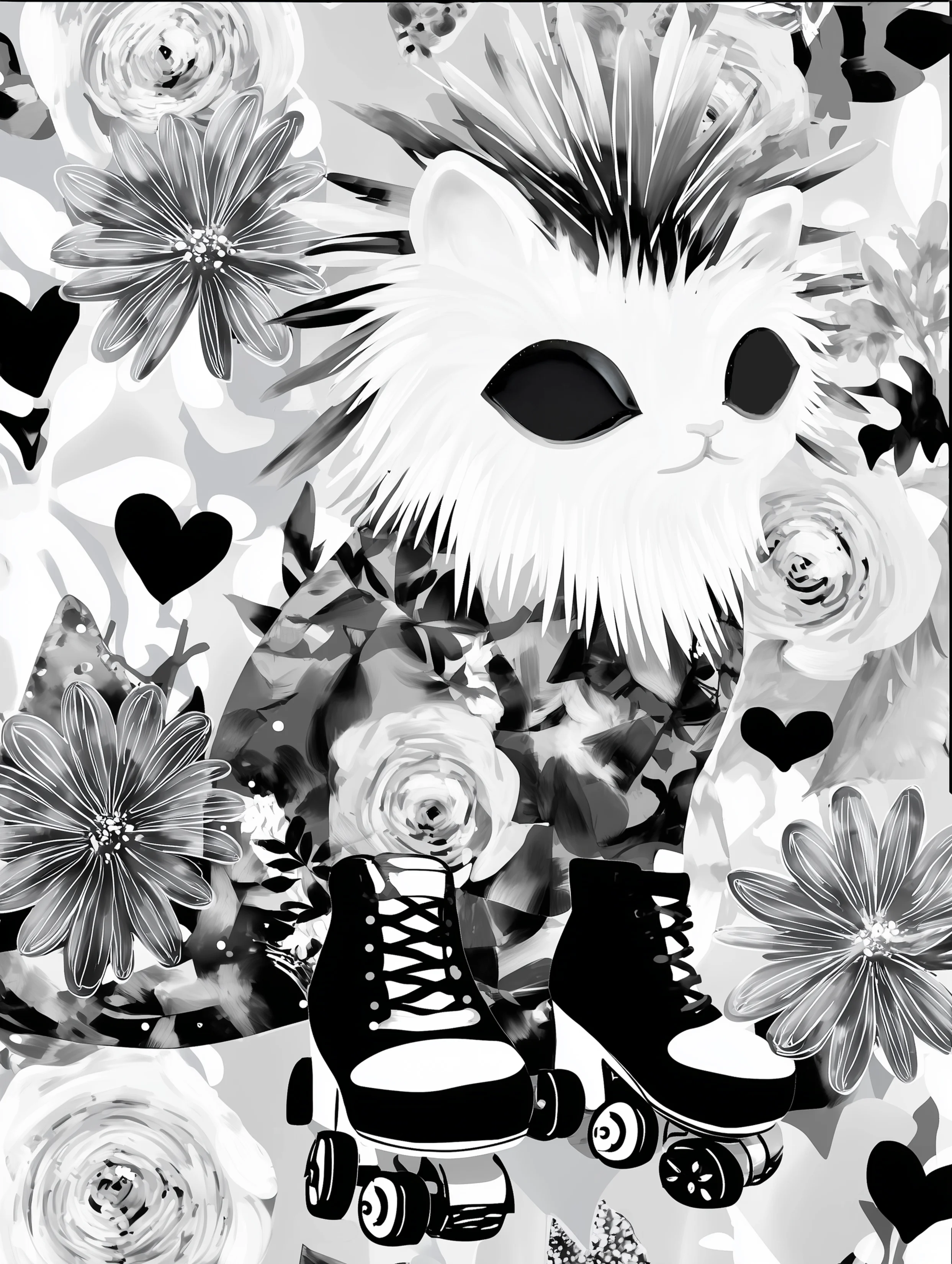 Free printable kitten coloring page featuring punk cat with rollerskates and mohawk